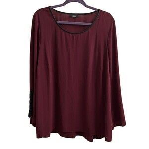 Alyx Women’s Burgundy Chiffon Top W/ Black Faux Leather Mesh Trim Sz 2X